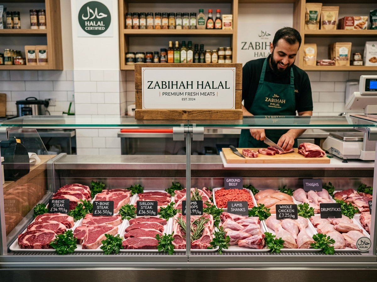 Fresh premium Zabihah Halal butcher counter display with custom cuts and clear pricing