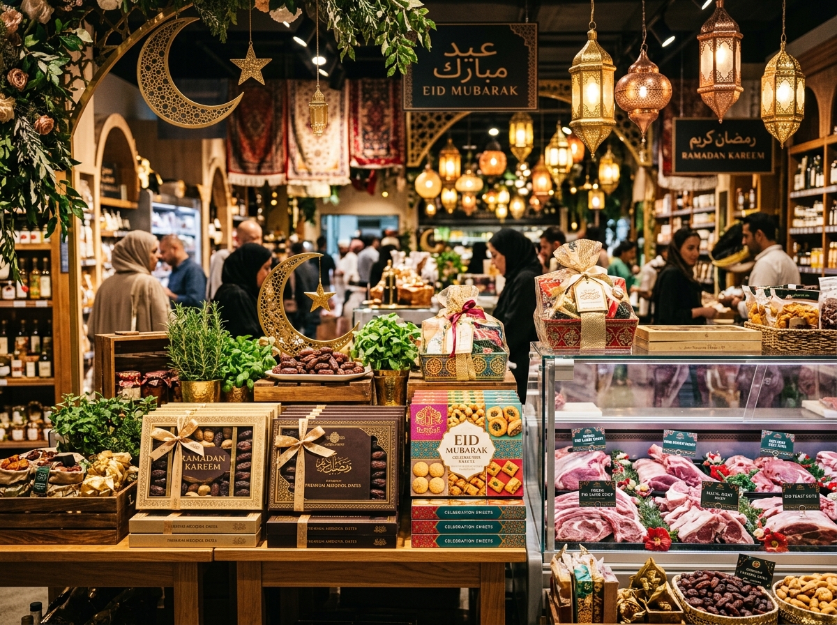 Specialty grocery store decorated for Ramadan and Eid with premium dates, celebratory sweet boxes, and fresh butcher meat counters