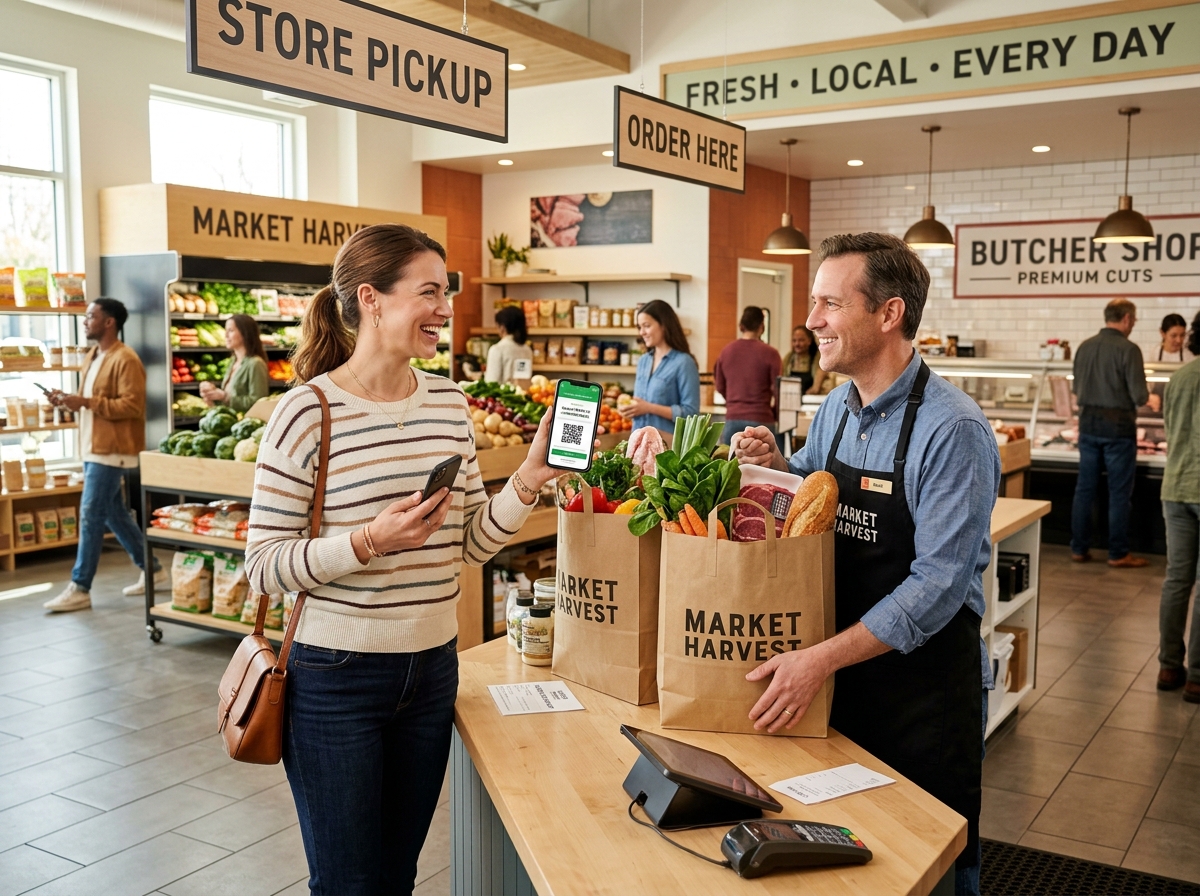 Smiling customer picking up fresh grocery and Halal butcher order at store pickup counter with smartphone order verification